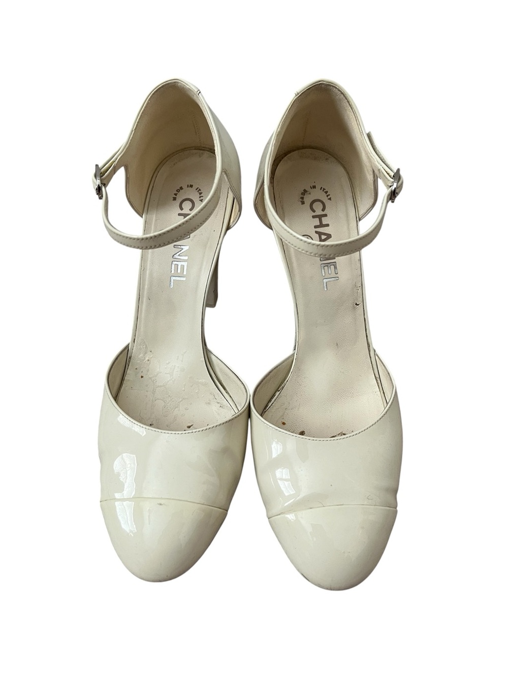 🌺 CHANEL Ivory Patent Leather D’Orsay Ankle-Strap Heels